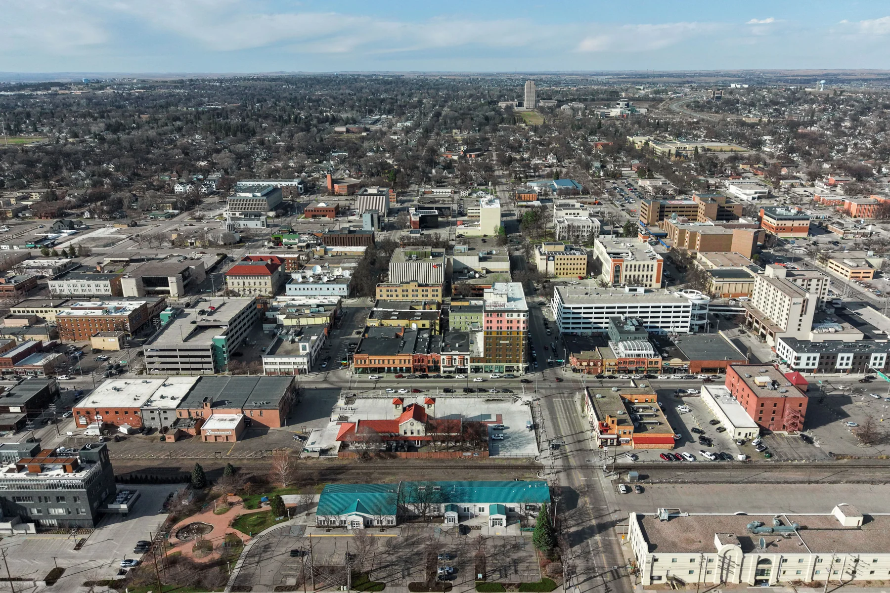 Downtown Bismarck, with the North Dakota State Capitol in the distance